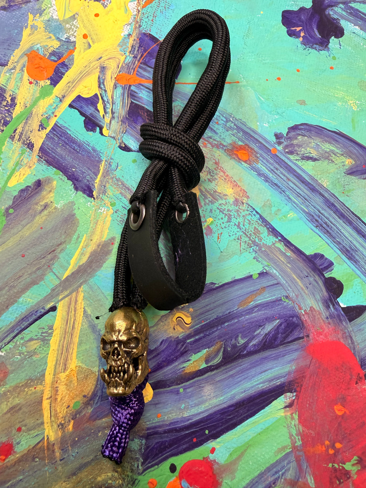 **Zach Custom** Black Paracord EDC - Frameless Slingshot w/ Skull with Fangs Charm- Black Leather