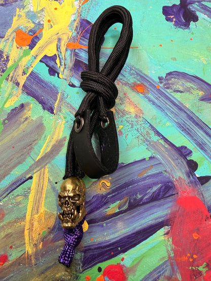 **Zach Custom** Black Paracord EDC - Frameless Slingshot w/ Skull with Fangs Charm- Black Leather