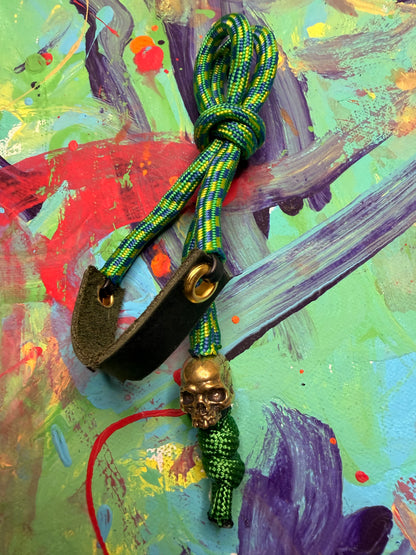 Green & Blue Paracord EDC - Frameless Slingshot w/ Jawless Skull Charm - Green Leather