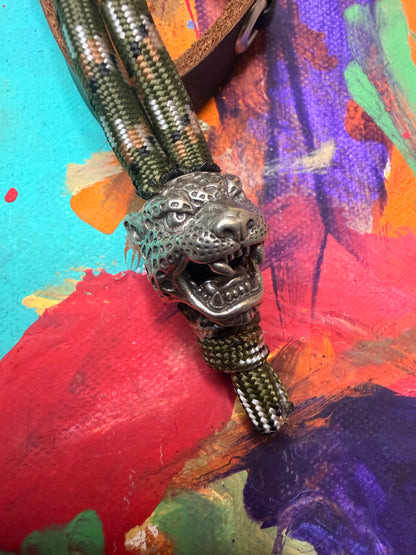 Green Camo Paracord EDC - Frameless Slingshot w/ Jaguar Charm - Brown Leather