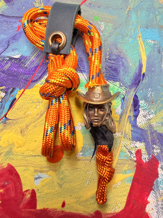 Orange Paracord EDC - Frameless Slingshot w/ Cowgirl Charm - Blue Leather