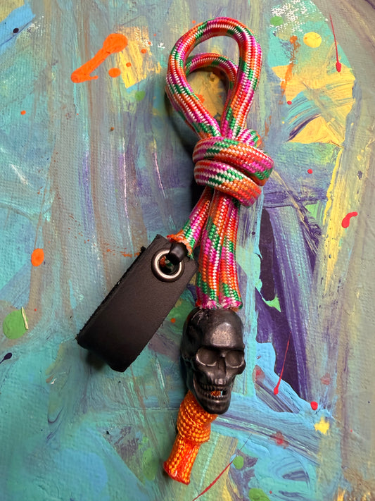 Orange/Pink/Green Paracord EDC - Frameless Slingshot w/ Black Skull Charm- Black Leather