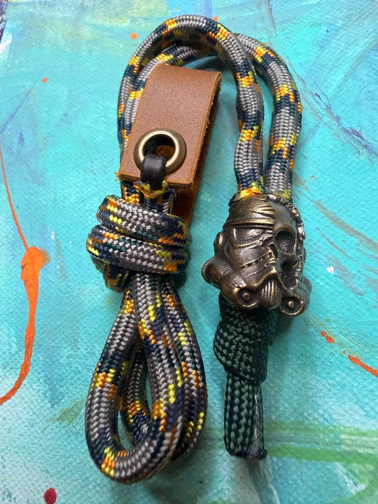 Gray & Green Paracord EDC - Frameless Slingshot w/ Storm Trooper Charm - Genuine Leather
