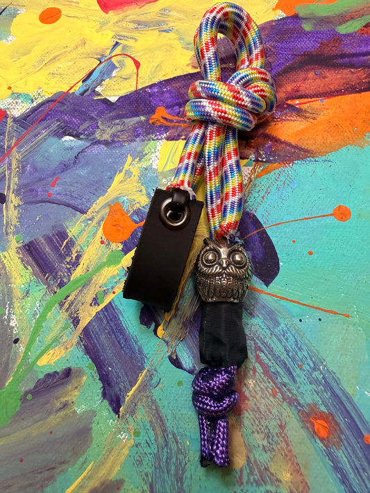 Rainbow Colored Paracord EDC - Frameless Slingshot w/ Owl Charm - Black Leather