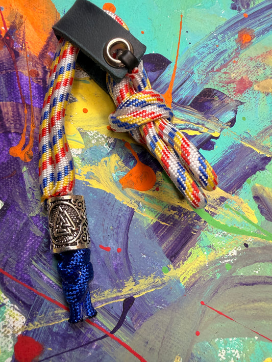 Red Blue & Yellow Paracord EDC - Frameless Slingshot w/ Nordic Charm - Blue Leather