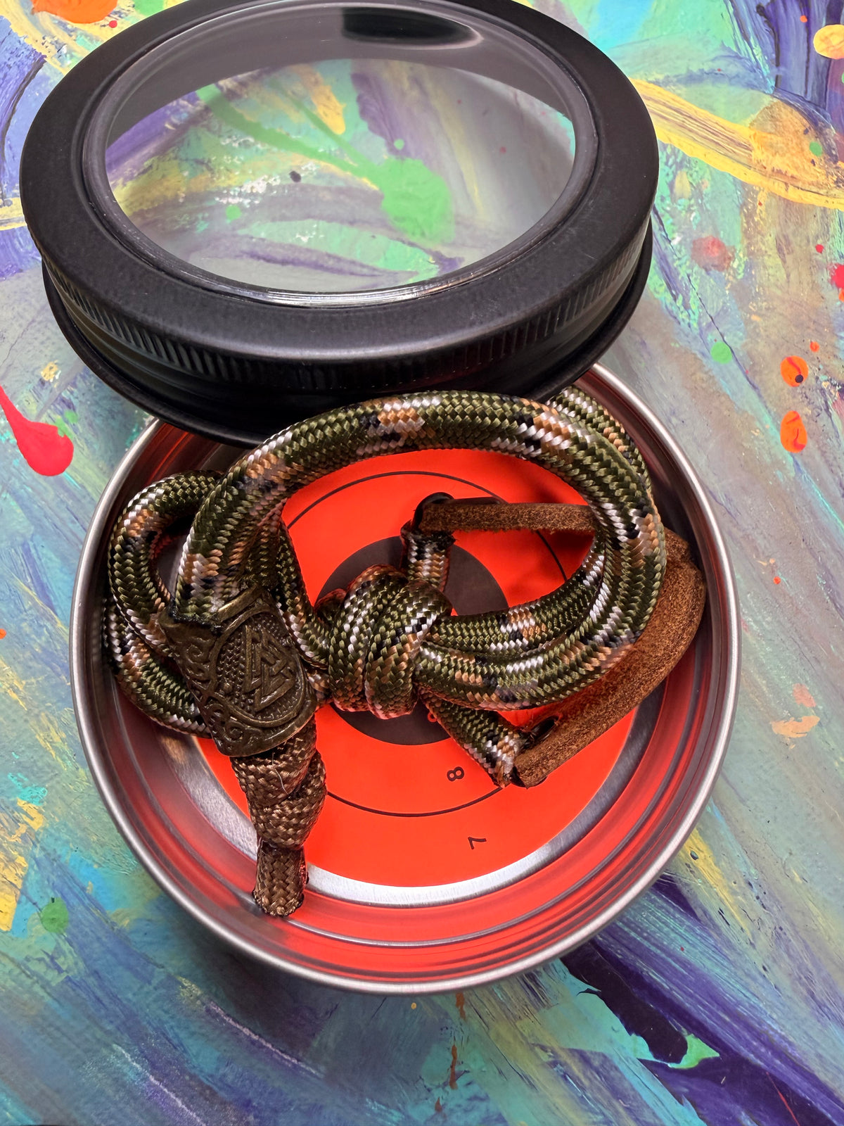 Green Camo Paracord EDC - Frameless Slingshot w/ Nordic Charm - Genuine Leather