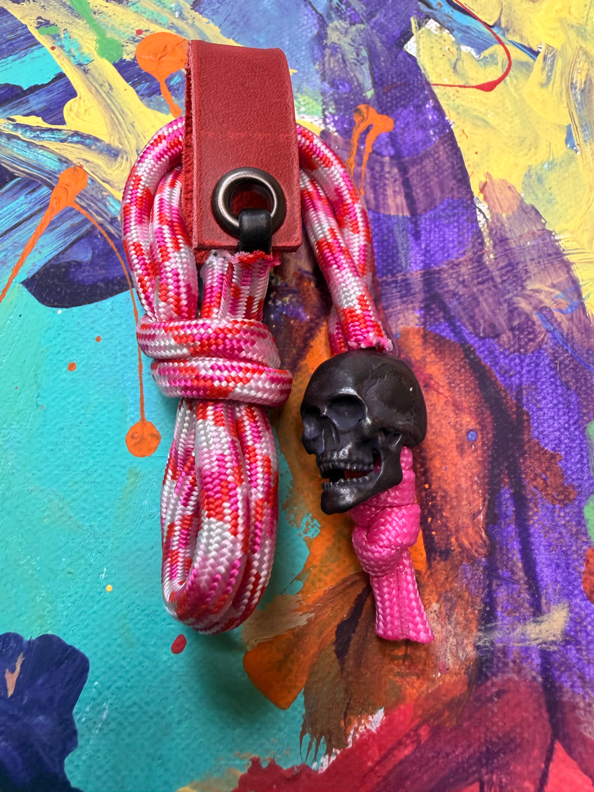 Pink & Red Paracord EDC - Frameless Slingshot w/ Black Skull Charm- Red Leather