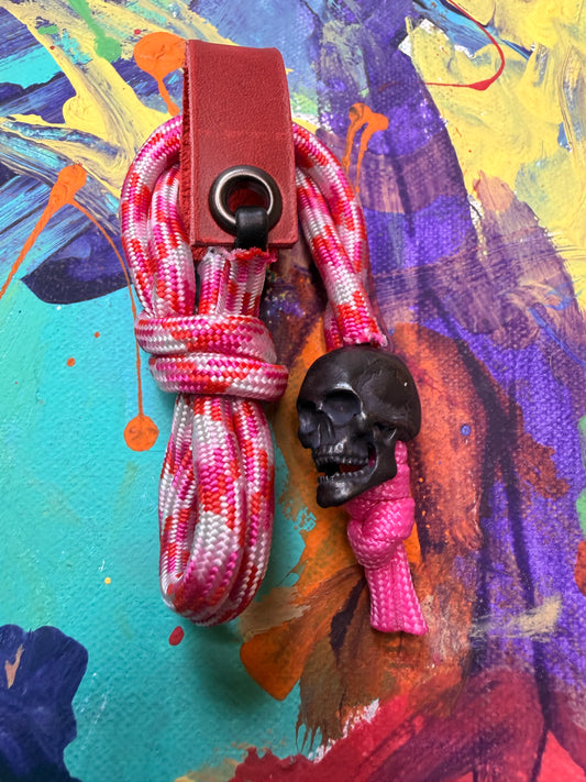 Pink & Red Paracord EDC - Frameless Slingshot w/ Black Skull Charm- Red Leather