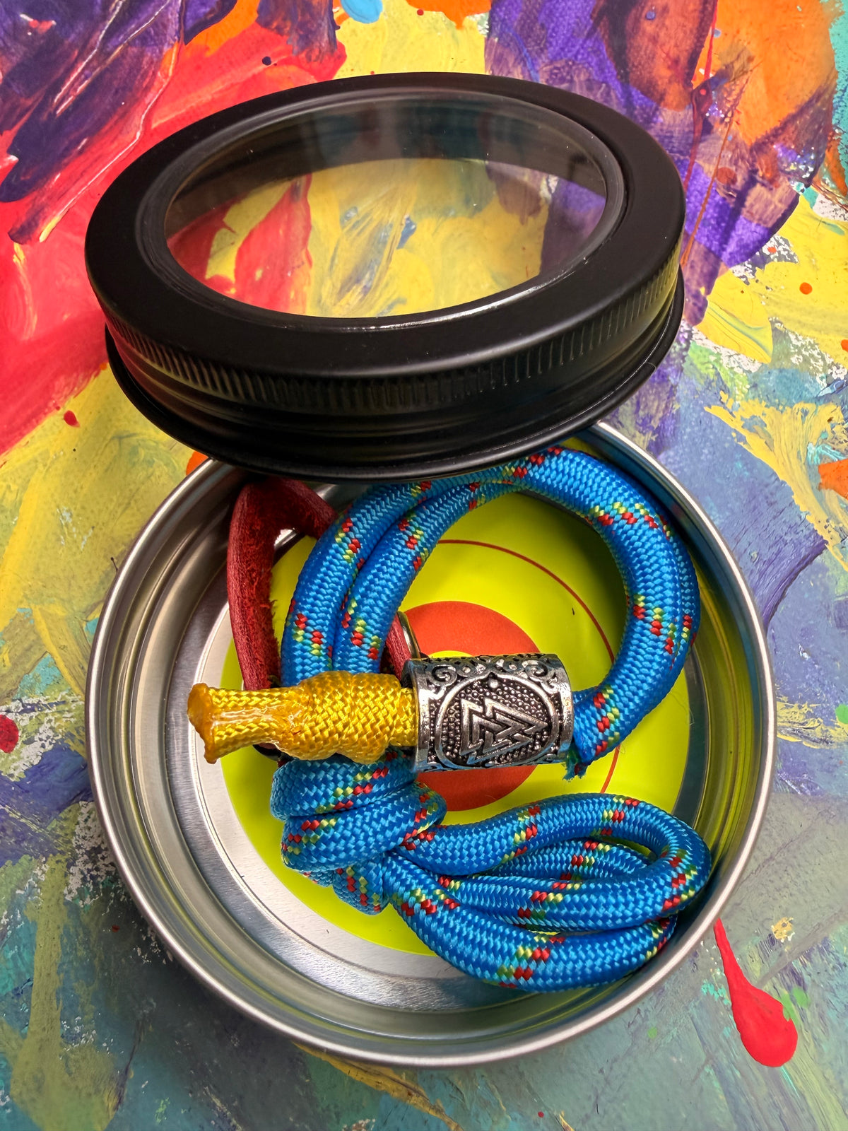 Blue & Yellow Paracord EDC - Frameless Slingshot w/ Nordic Charm - Red Leather