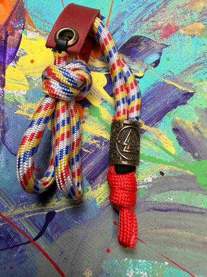 Red Blue & Yellow Paracord EDC - Frameless Slingshot w/ Nordic Charm - Red Leather