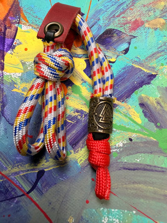 Red Blue & Yellow Paracord EDC - Frameless Slingshot w/ Nordic Charm - Red Leather