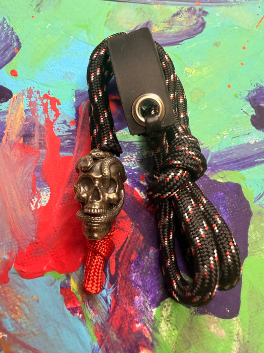 Black & Red Paracord EDC - Frameless Slingshot w/ Skull Charm- Black Leather