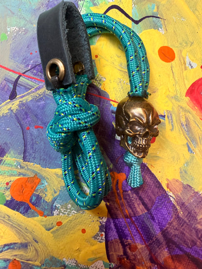 Teal & Sky Blue Paracord EDC - Frameless Slingshot w/ Skull Charm- Blue Leather