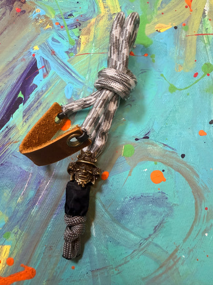 Gray & White Paracord EDC - Frameless Slingshot Warrior Charm - Genuine Leather
