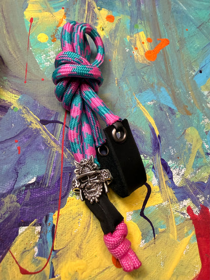 Pink & Blue Paracord EDC - Frameless Slingshot w/ Warrior Charm - Black Leather