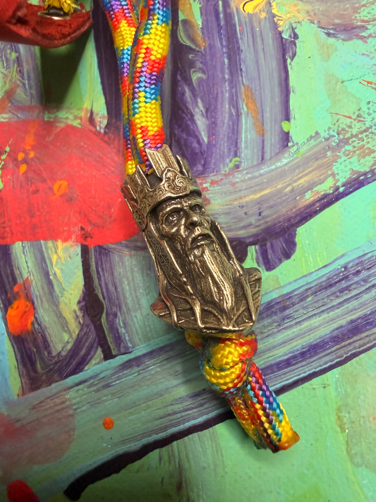 Rainbow Paracord EDC - Frameless Slingshot w/ Bearded King Charm - Red Leather