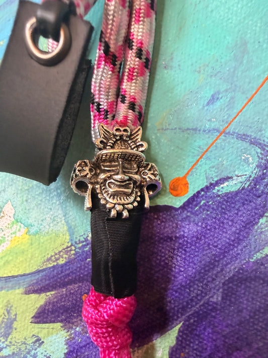 Pink & Black Paracord EDC - Frameless Slingshot w/ Warrior Charm - Black Leather