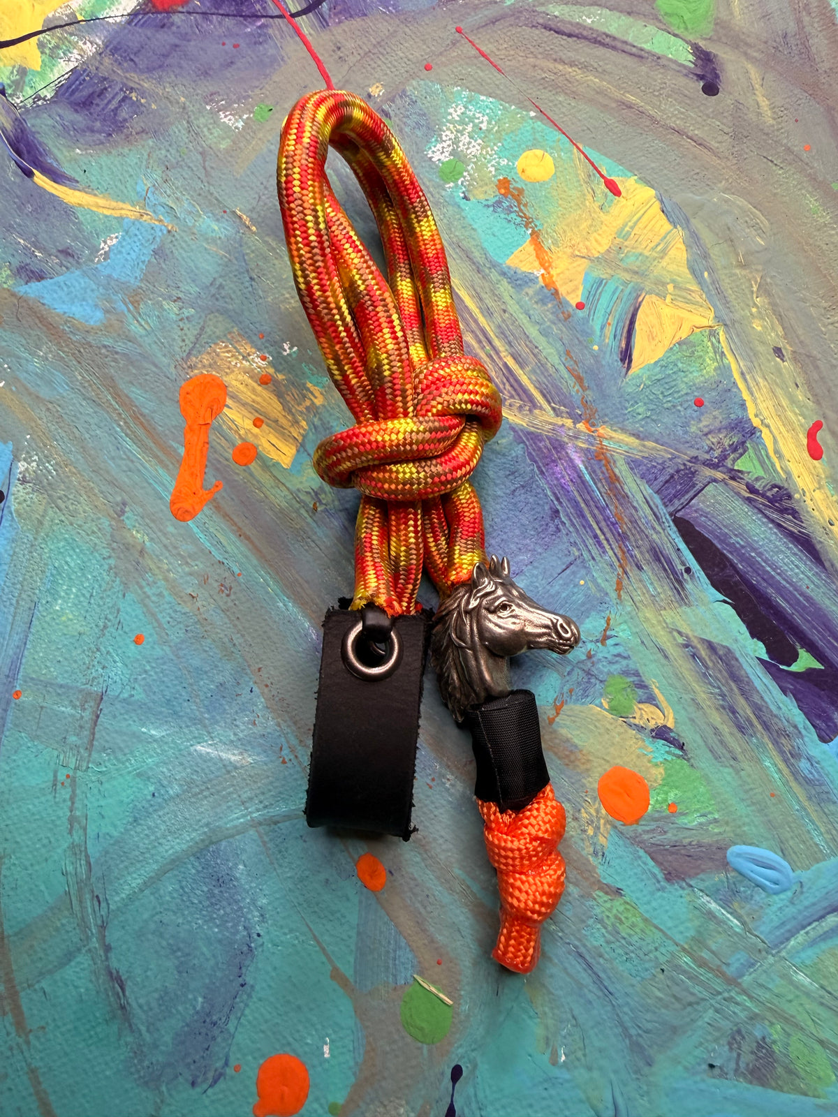 Orange Yellow & Brown Paracord EDC - Frameless Slingshot w/ Horse Charm - Black Leather