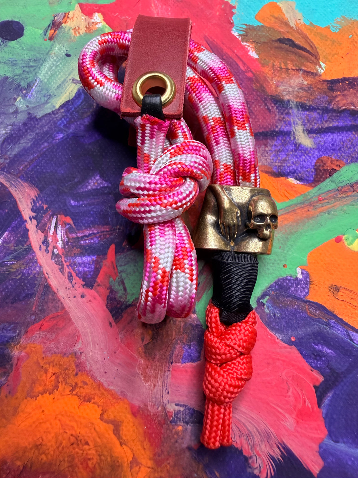Pink Red & White Paracord EDC - Frameless Slingshot w/ Memento Mori Skull Charm - Red Leather