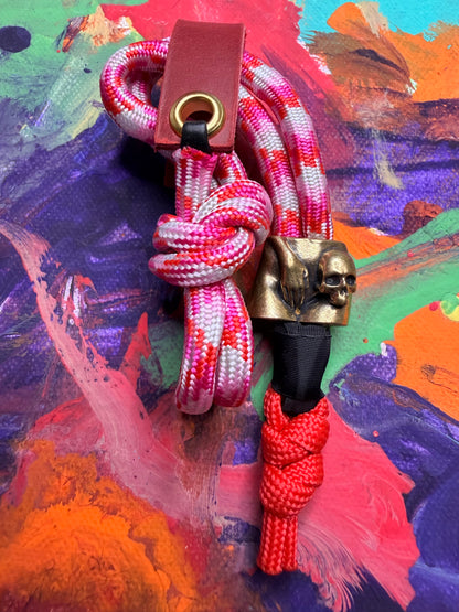 Pink Red & White Paracord EDC - Frameless Slingshot w/ Memento Mori Skull Charm - Red Leather