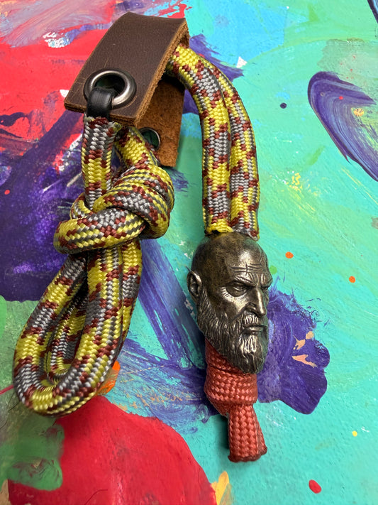 Yellow & Gray Paracord EDC - Frameless Slingshot w/ Kratos Charm - Brown Leather