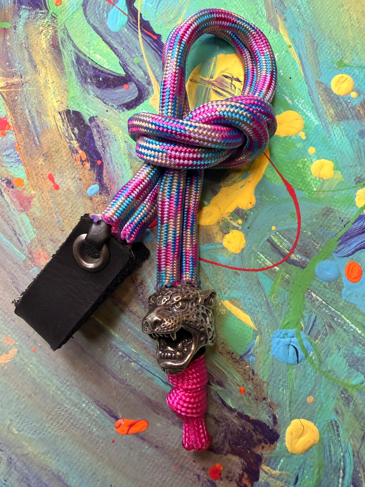 Blue & Pink Paracord EDC - Frameless Slingshot w/ Jaguar Charm - Black Leather