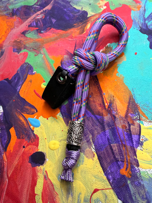 Purple & Multicolored Paracord EDC - Frameless Slingshot w/ Nordic Charm - Black Leather