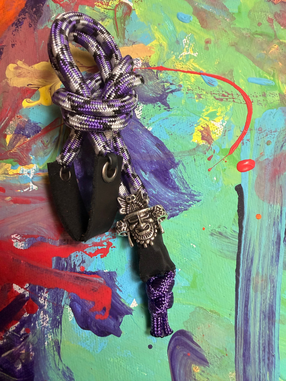 Purple & White Paracord EDC - Frameless Slingshot w/ Warrior Charm - Black Leather