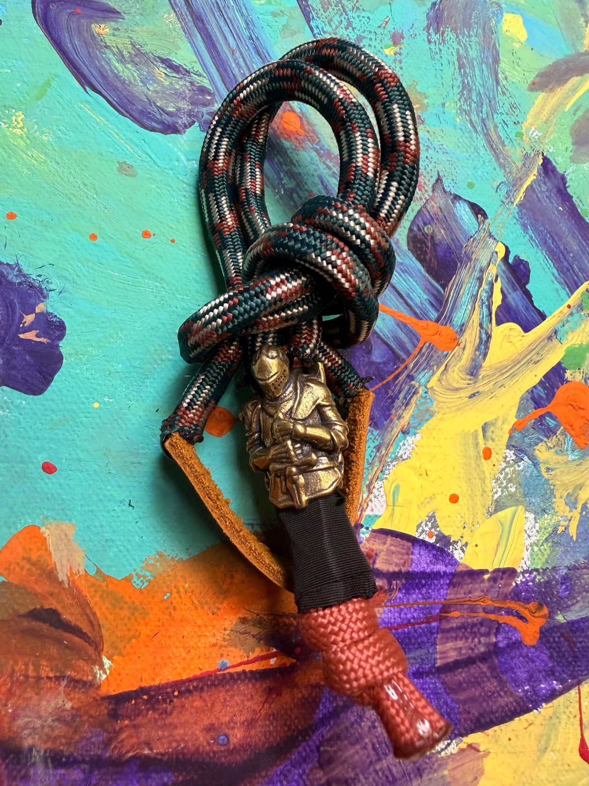 Green & Brown Paracord EDC - Frameless Slingshot w/ Knight Charm - Genuine Leather