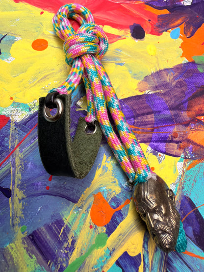 Pink Yellow & Green Paracord EDC - Frameless Slingshot w/ Kratos Charm - Green Leather