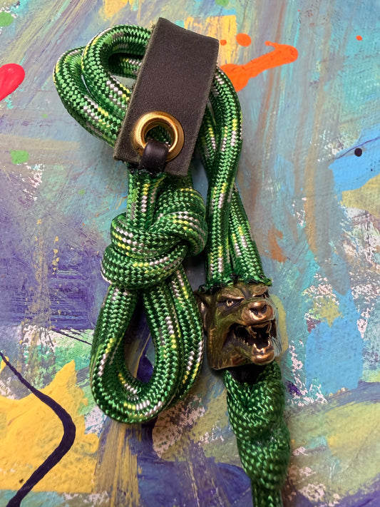 Green Paracord EDC - Frameless Slingshot w/ Wolf Charm - Green Leather