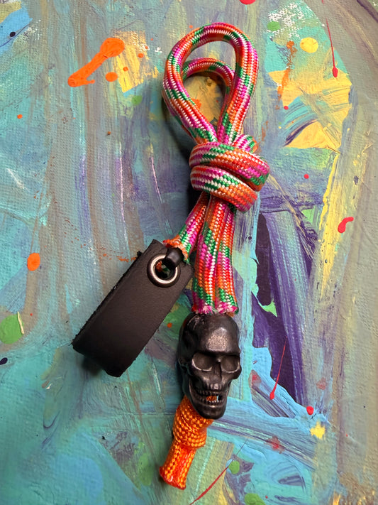 Orange/Pink/Green Paracord EDC - Frameless Slingshot w/ Black Skull Charm- Black Leather