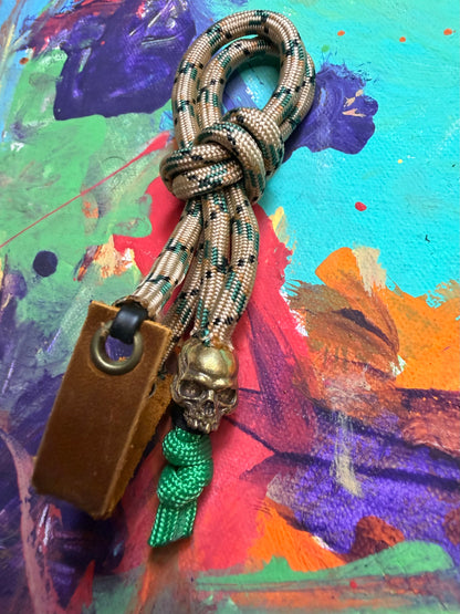 Green & Tan Paracord EDC - Frameless Slingshot w/ jawless Skull Charm - Genuine Leather