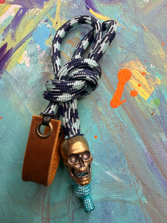 Navy & Sky Blue Paracord EDC - Frameless Slingshot w/ Skull Charm - Genuine Leather