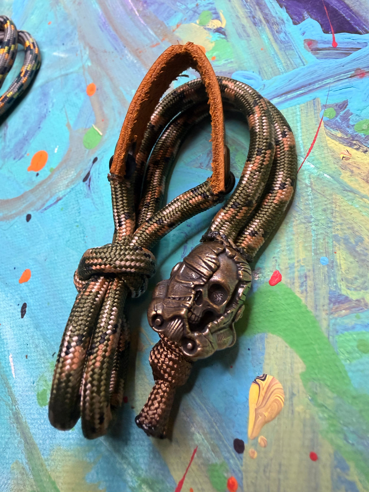 Green Camo Paracord EDC - Frameless Slingshot w/ Storm Trooper Charm - Genuine Leather