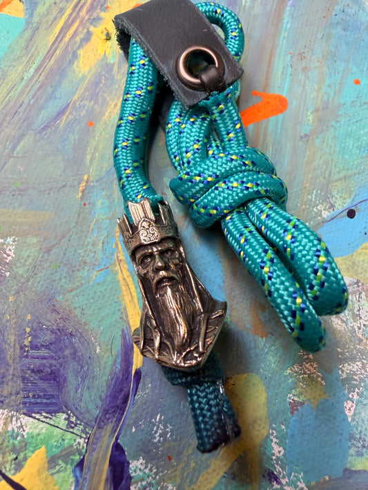 Teal Paracord EDC - Frameless Slingshot w/ Bearded King Charm - Blue Leather