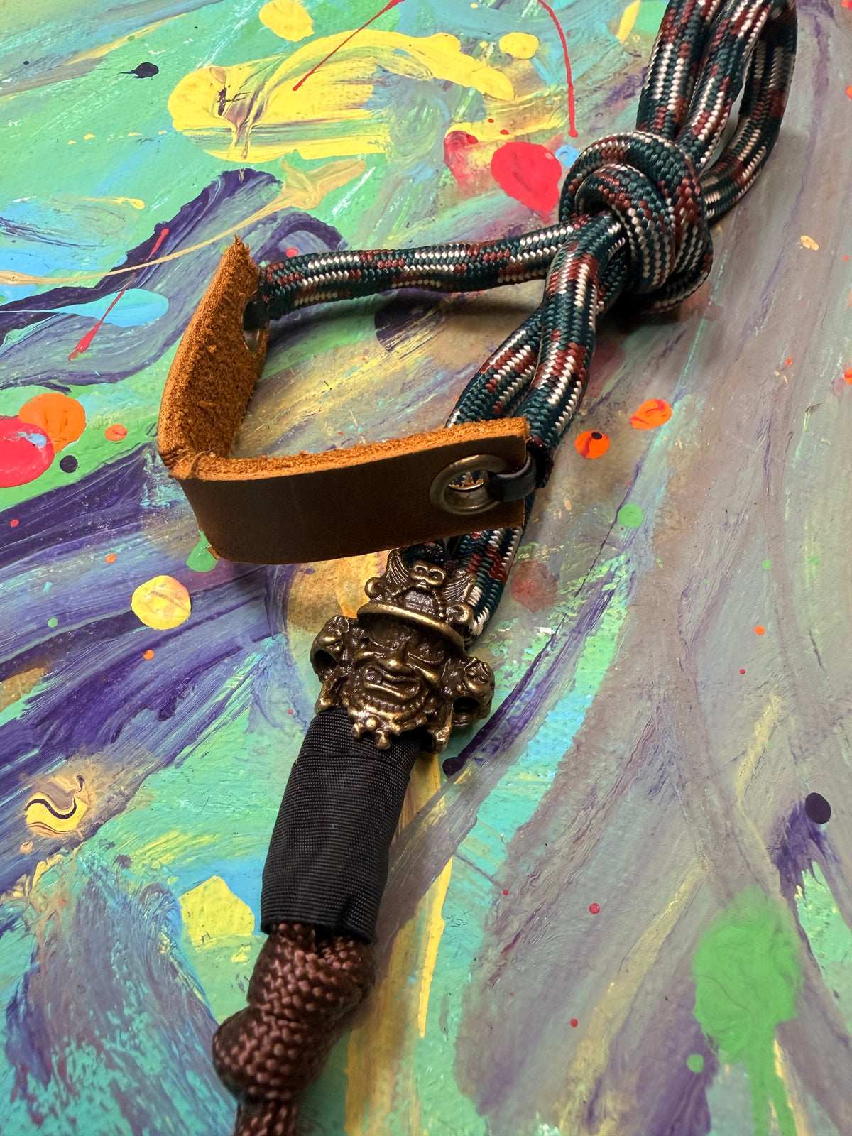 Brown & Green Paracord EDC - Frameless Slingshot Warrior Charm - Genuine Leather