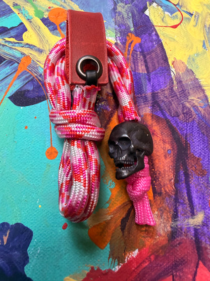 Pink & Red Paracord EDC - Frameless Slingshot w/ Black Skull Charm- Red Leather
