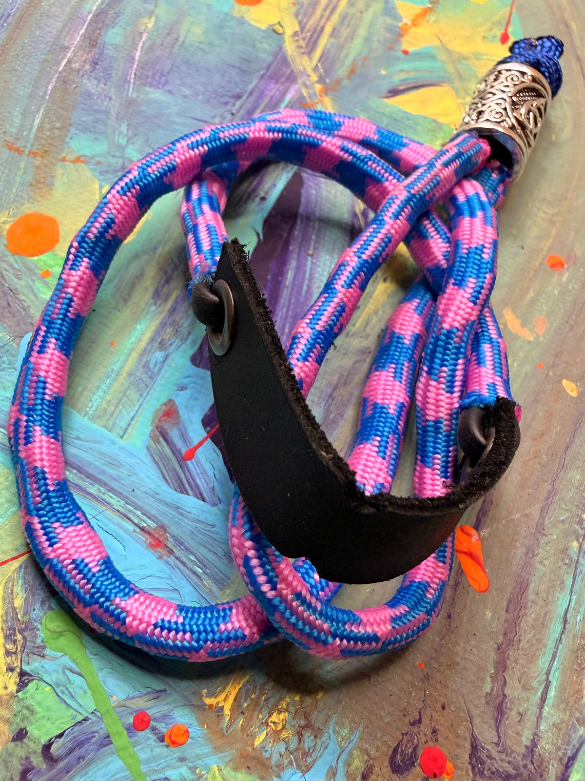 Pink & Purple Paracord EDC - Frameless Slingshot w/ Nordic Charm - Black Leather