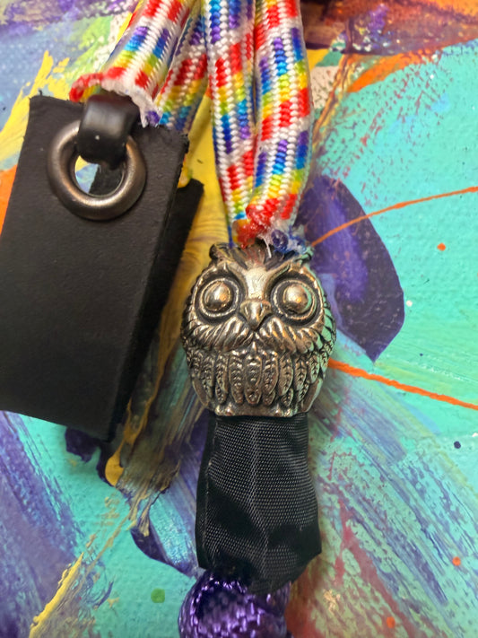 Rainbow Colored Paracord EDC - Frameless Slingshot w/ Owl Charm - Black Leather
