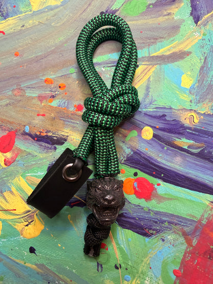 Green & Black Paracord EDC - Frameless Slingshot w/ Jaguar Charm - Black Leather