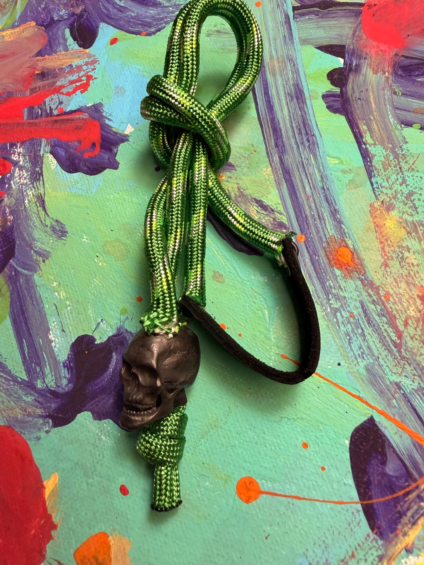 Green Paracord EDC - Frameless Slingshot w/ Black Skull Charm- Black Leather