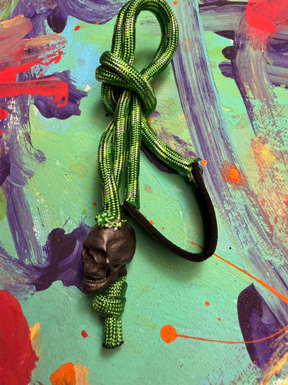 Green Paracord EDC - Frameless Slingshot w/ Black Skull Charm- Black Leather