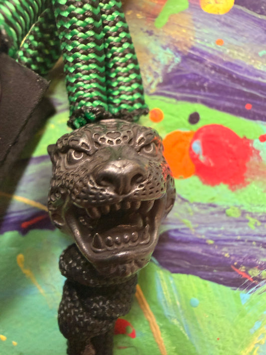 Green & Black Paracord EDC - Frameless Slingshot w/ Jaguar Charm - Black Leather