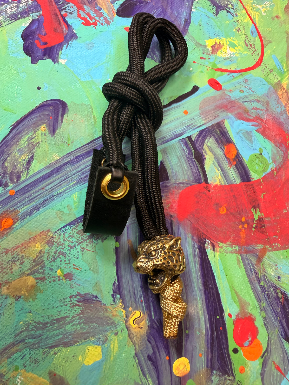 **Jeremy Custom** Black & Gold Paracord EDC - Frameless Slingshot w/ Jaguar Charm - Black Leather