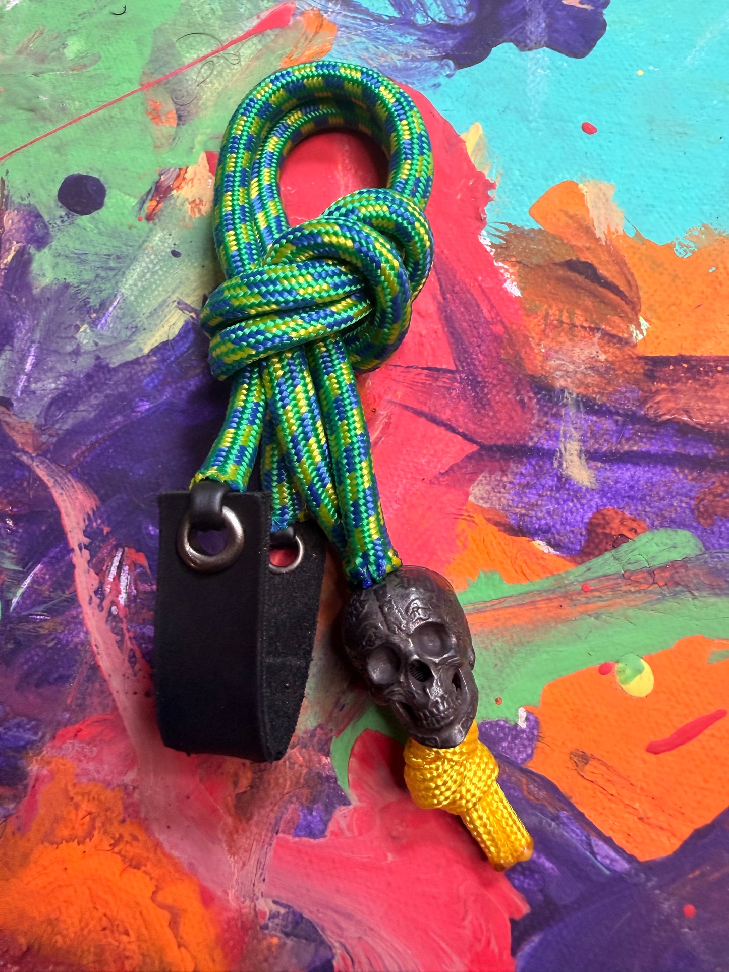 Green & Blue Paracord EDC - Frameless Slingshot w/ Black Skull Charm- Black Leather