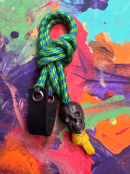 Green & Blue Paracord EDC - Frameless Slingshot w/ Black Skull Charm- Black Leather