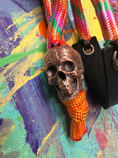 Orange/Green/Pink Paracord EDC - Frameless Slingshot w/ Skull Charm - Black Leather