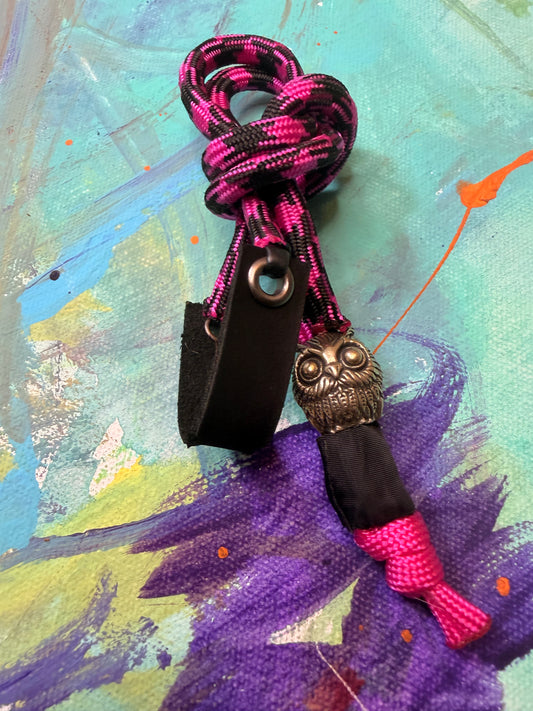Pink & Black Paracord EDC - Frameless Slingshot w/ Owl Charm - Black Leather