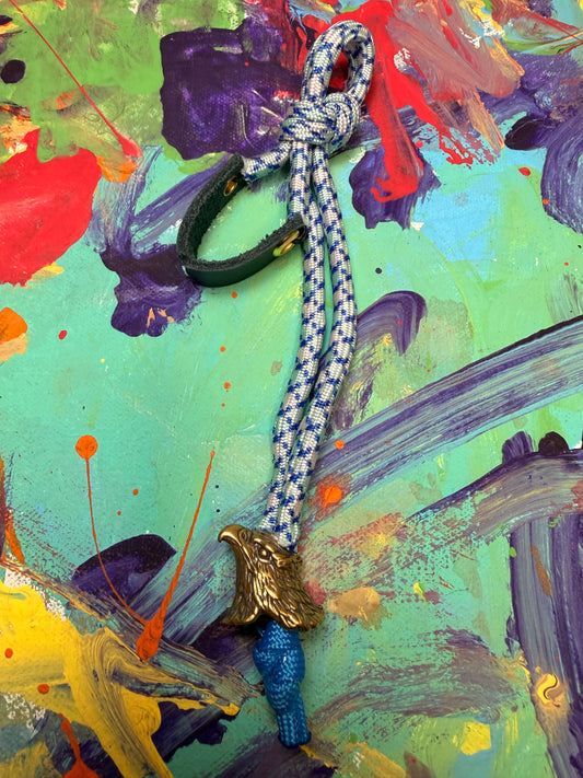 Blue & White Paracord EDC - Frameless Slingshot w/ Eagle Head - Blue Leather